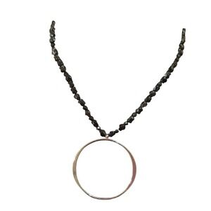 Black Beaded Necklace Silver Tone Circle Pendant Jewelry